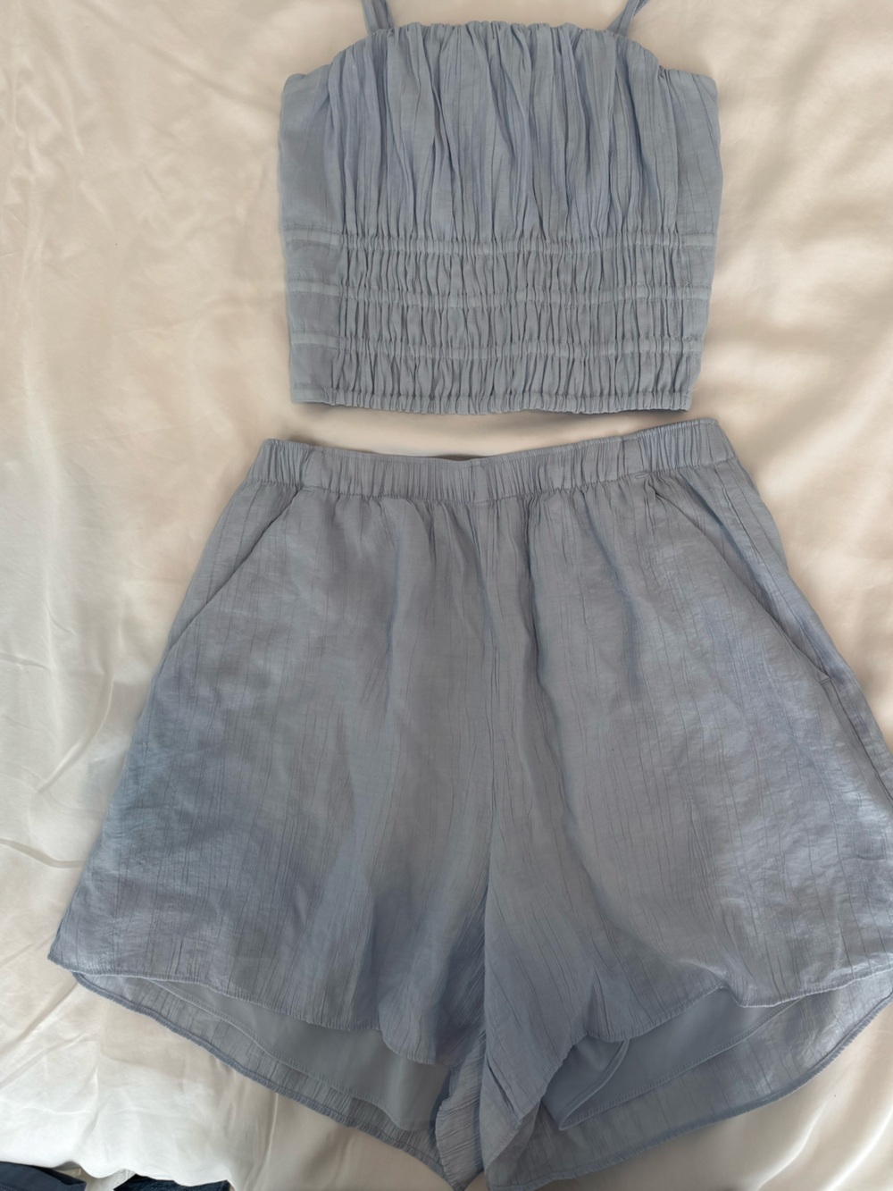 Abercrombie & Fitch Light Blue Smocked Linen Tank and Shorts Set